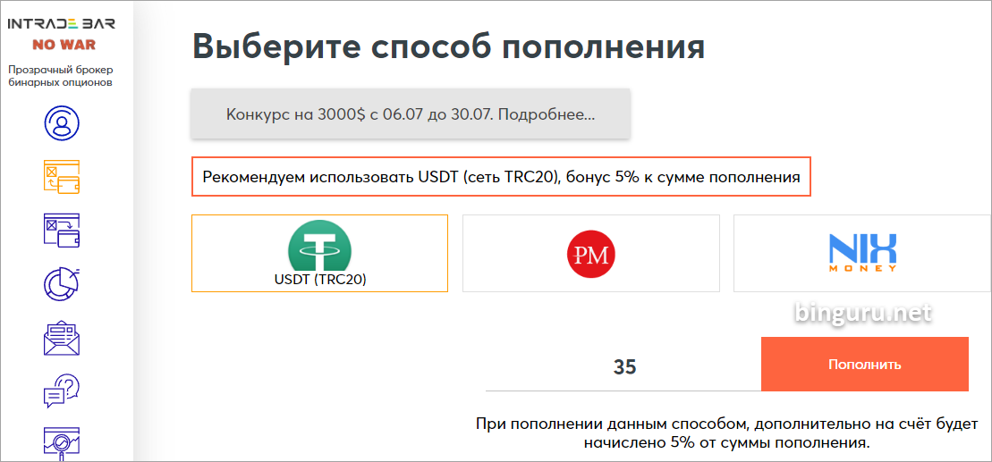 intrade пополнение usdt trc20